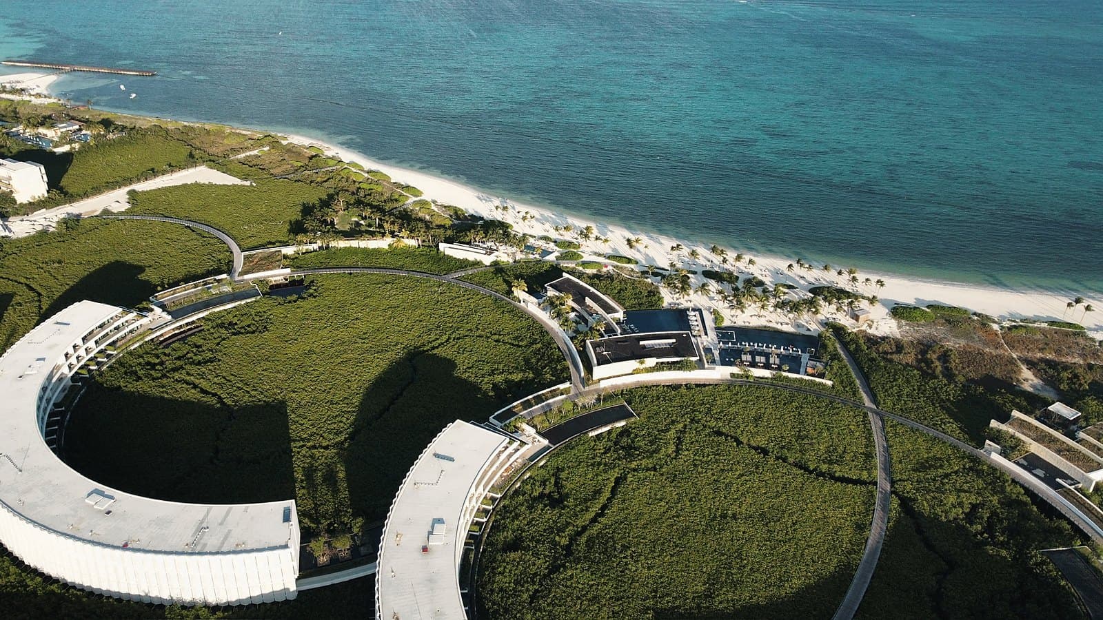 Wide aerial of arcing grass roofs above the beach and sea
