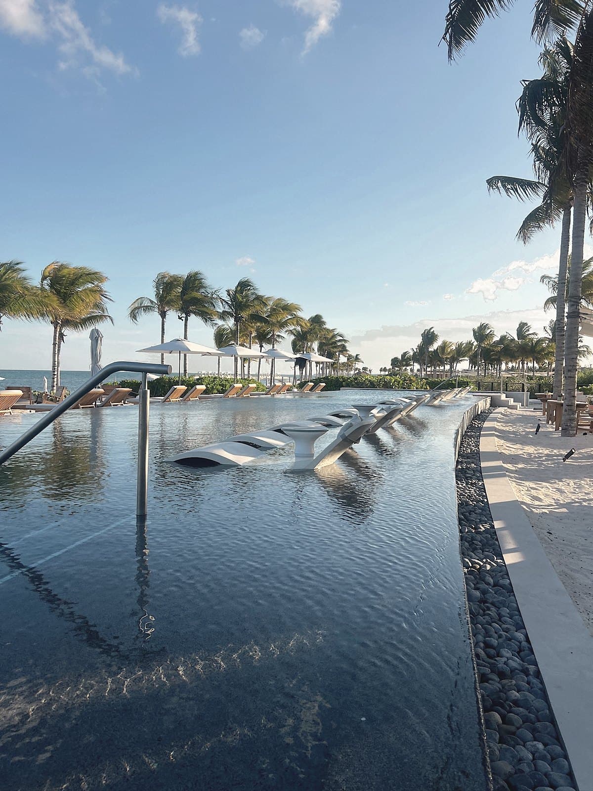 Dark linear pool with steel loungers set in the water under palms